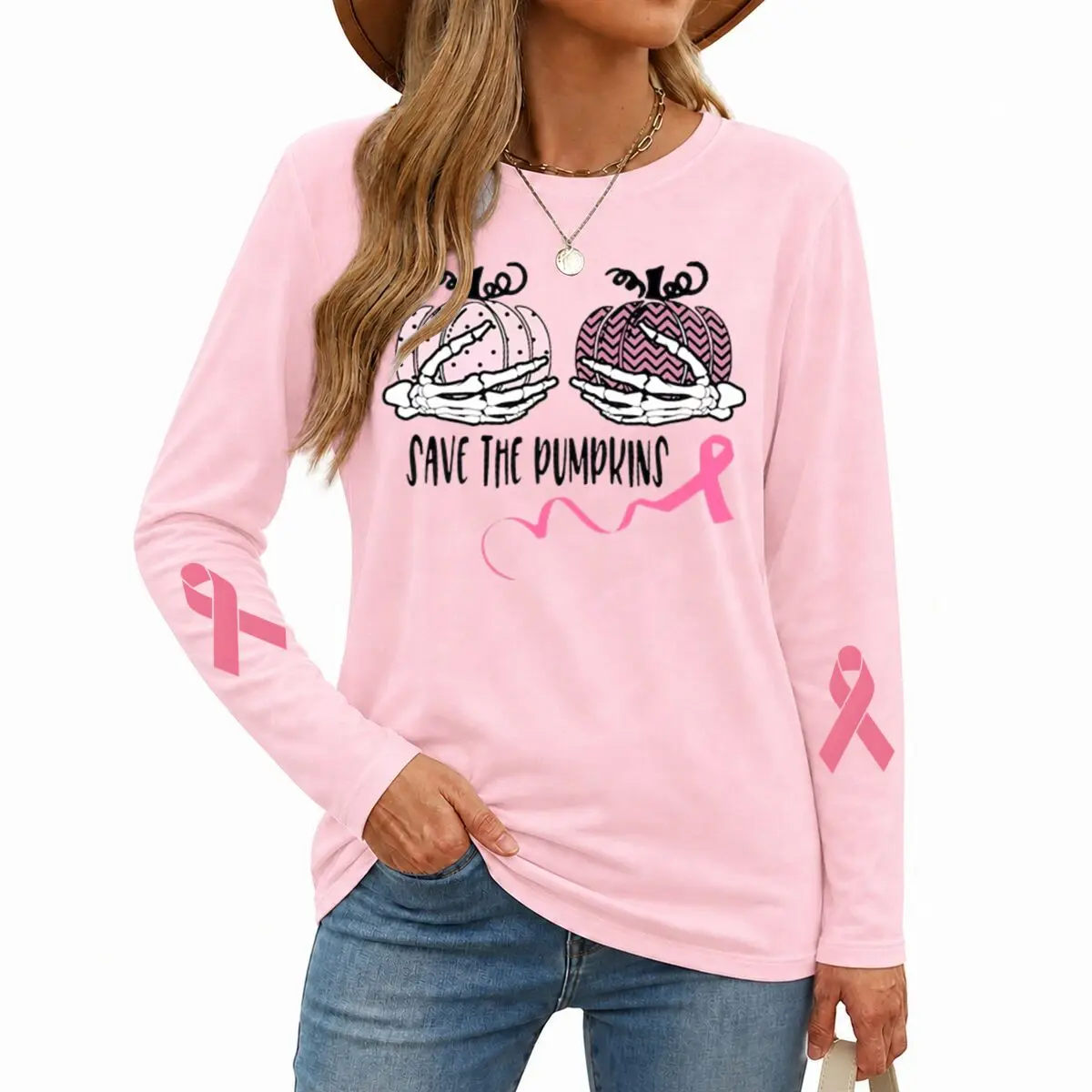 Breast Cancer Shirts For Women Save The Pumpkins Vintage Halloween Tshirts