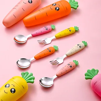 창의적인 만화 당근 식기 세트, 스테인레스 스틸 케이크 포크, 차 스푼 식기, 상자 포함, 주방 식기 용품, 1/3 개