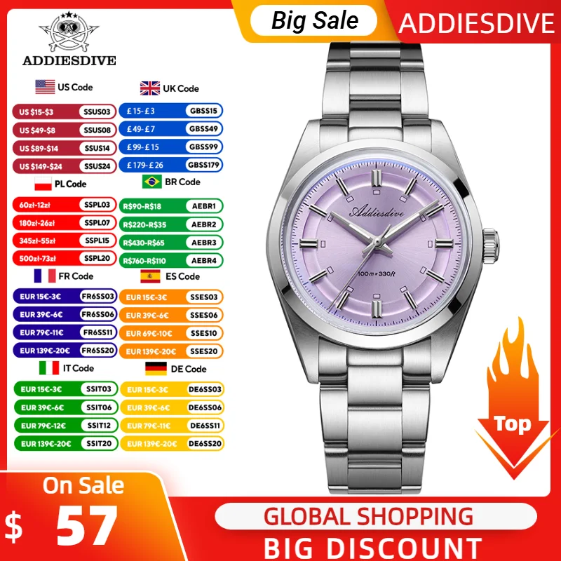 

ADDIESDIVE Men's VH31 Quartz Watch 316L Stainless Steel K1 mineral glass 100m Waterproof Luminous Wristwatch luxury Men Watches