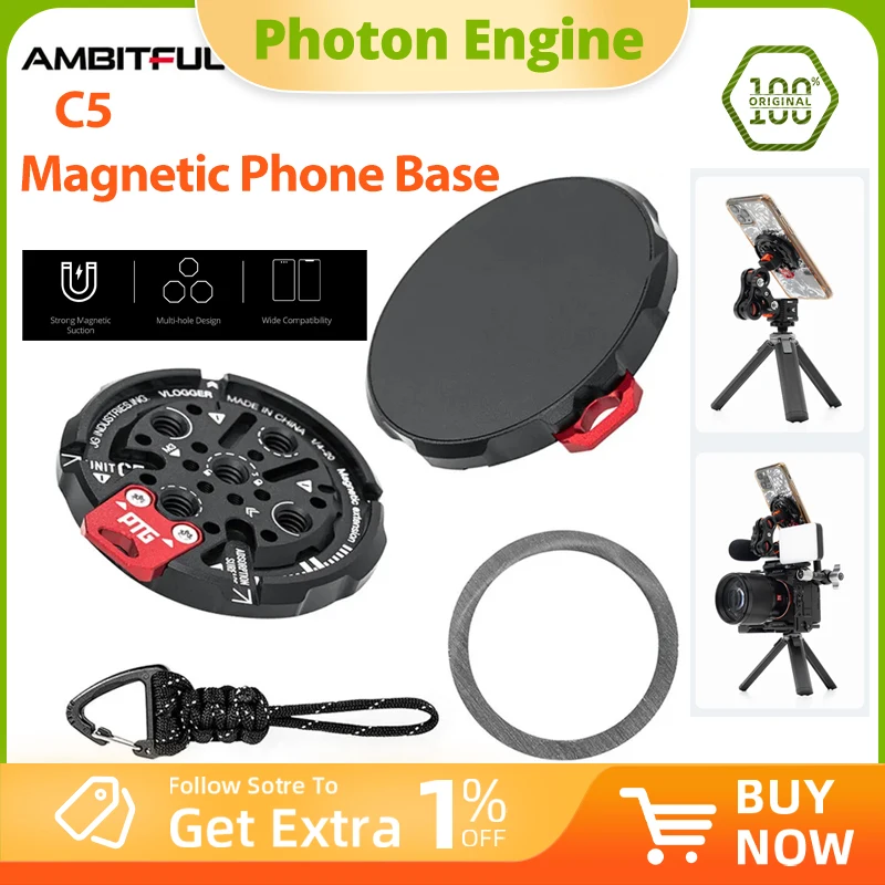 Base magnétique pour téléphone portable AMBITFUL en alliage d'aluminium C5, trou de vis 1/4" pour montage sur types de têtes, bras magiques et trépieds