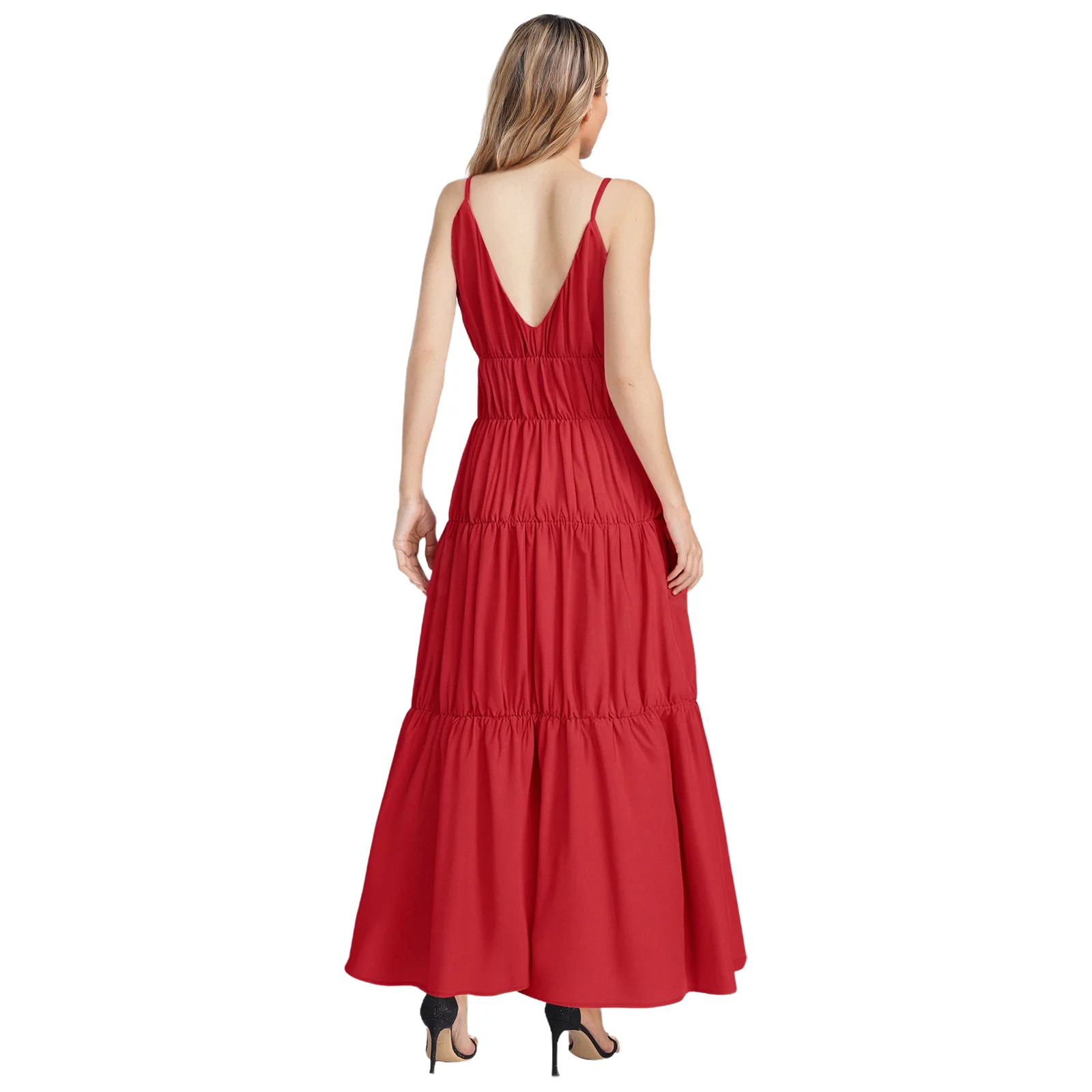Womens Dresses Tiered Ruched Sling Maxi Dress Bohemian V Neck Backless Loose Long Dress Purity Cami Dress for Beach Vacation