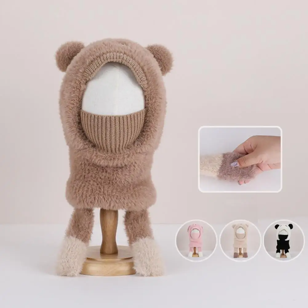 Wool Knit Hat Kids Hat with Plush Lining Kids Knit Hat with Plush Lining Face Guard Scarf Bear Shape Warm Windproof for Children