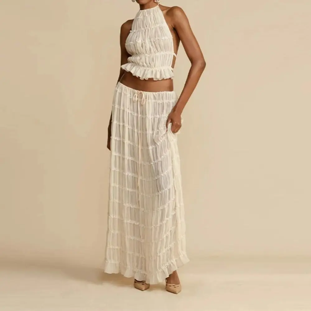 

1 Set Backless Maxi Skirt Set Halter Sling Top Hang Neck Long Skirt Suit Pleated Lace Up Sleeveless Backless Skirts Set Date
