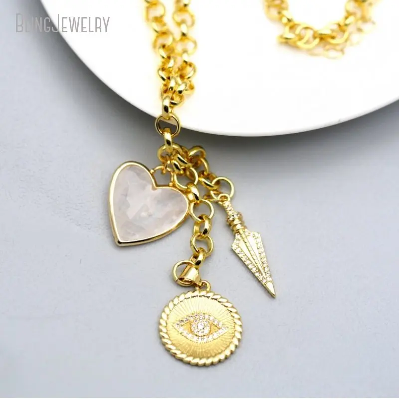 10pcs K Gold Color Stainless Steel Rolo Chain Choker Women Arrowhead Clear Quartz Heart Charm  Evil Eye Necklace Y2k Jewelry