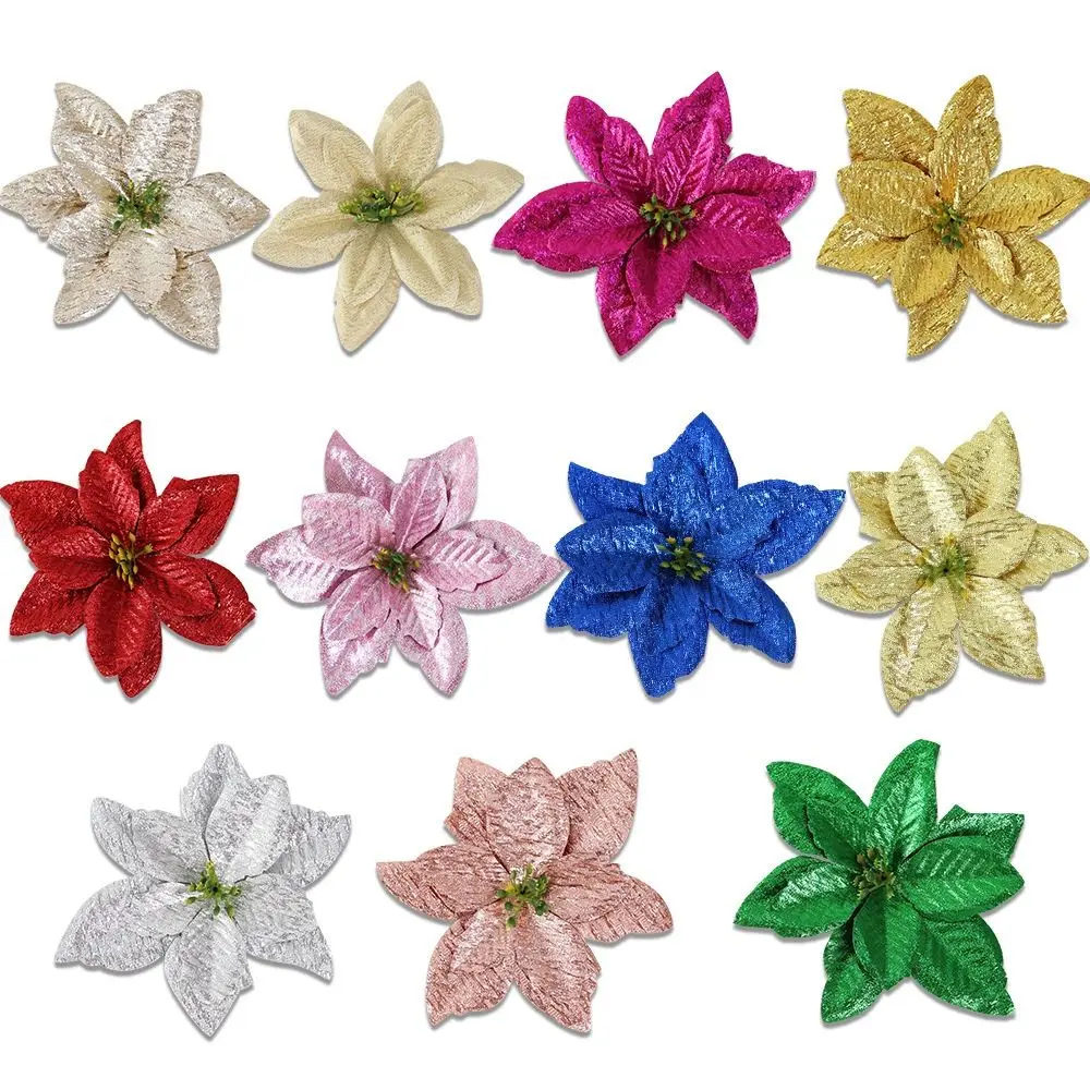 15cm Christmas Glitter Poinsettia Flower Large Sequins Simulated Flower Head DIY Wreath Flocking Christmas Tree Ornaments