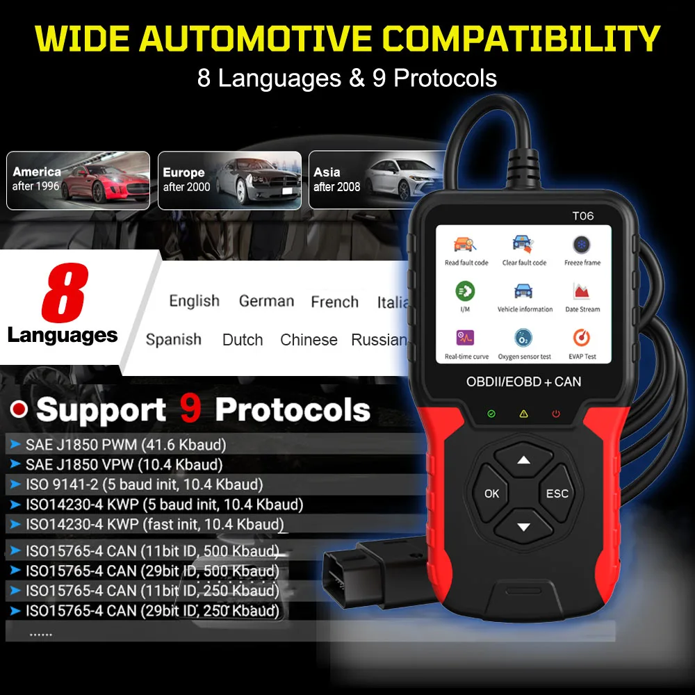 OBD2 Scanner Car Diagnostic Tool Auto Accessories T06 Multi-language Support Code Reader Battery Tester Check Engine System