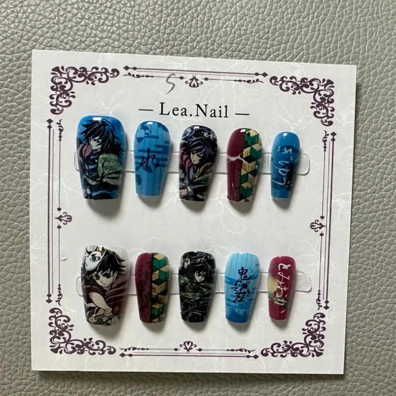 Handmade Cute Detailed Japanese Anime Water Hashira Wearable Press-On Nails - Cosplay Blue-Green Checkered Kanji Sword for Fans