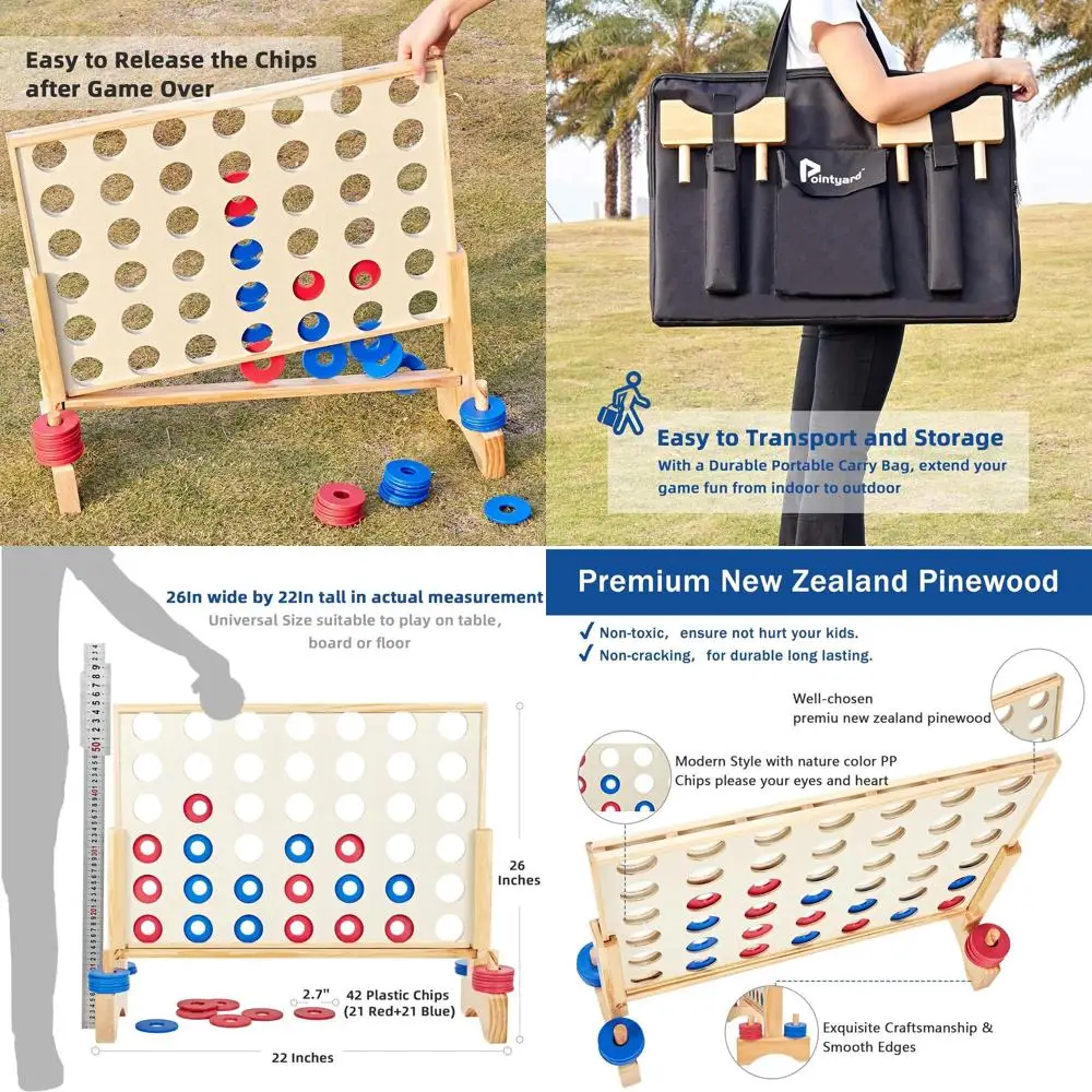 

Giant Wooden 4-in-a-Row Game, 2.8 Ft Outdoor/Indoor, 42 Chips, Carry Bag, Party Gift for All Ages