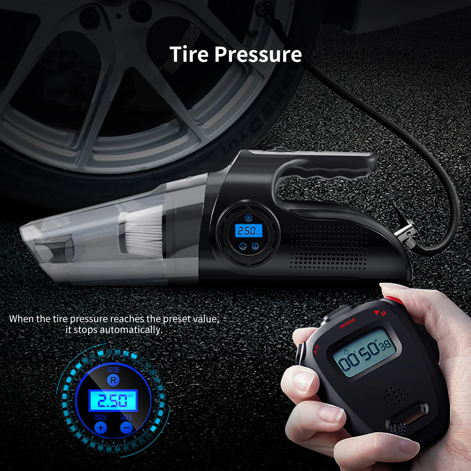 4 in 1 Wireless Car Vacuum Cleaner Wet And Dry Car Vacuums Air Pump for Tire Rechargeable Digital Display Vacuum Cleaner for Car