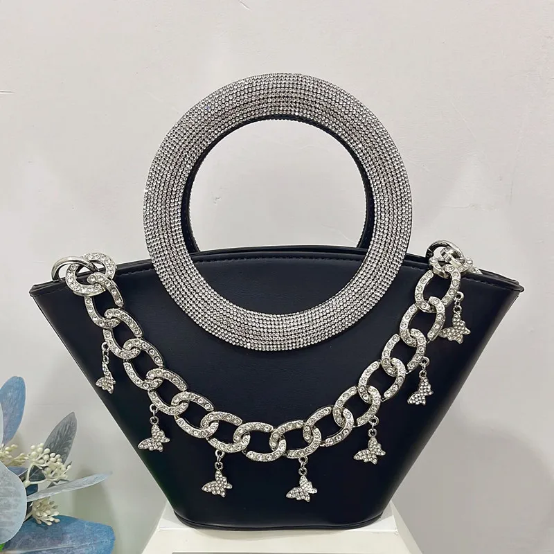 

2025 High end Women Luxury Round Diamonds Handle Tote Bag Fashion Wedding Party Clutch Bag Rhinestones Handbags Crossbody Bag