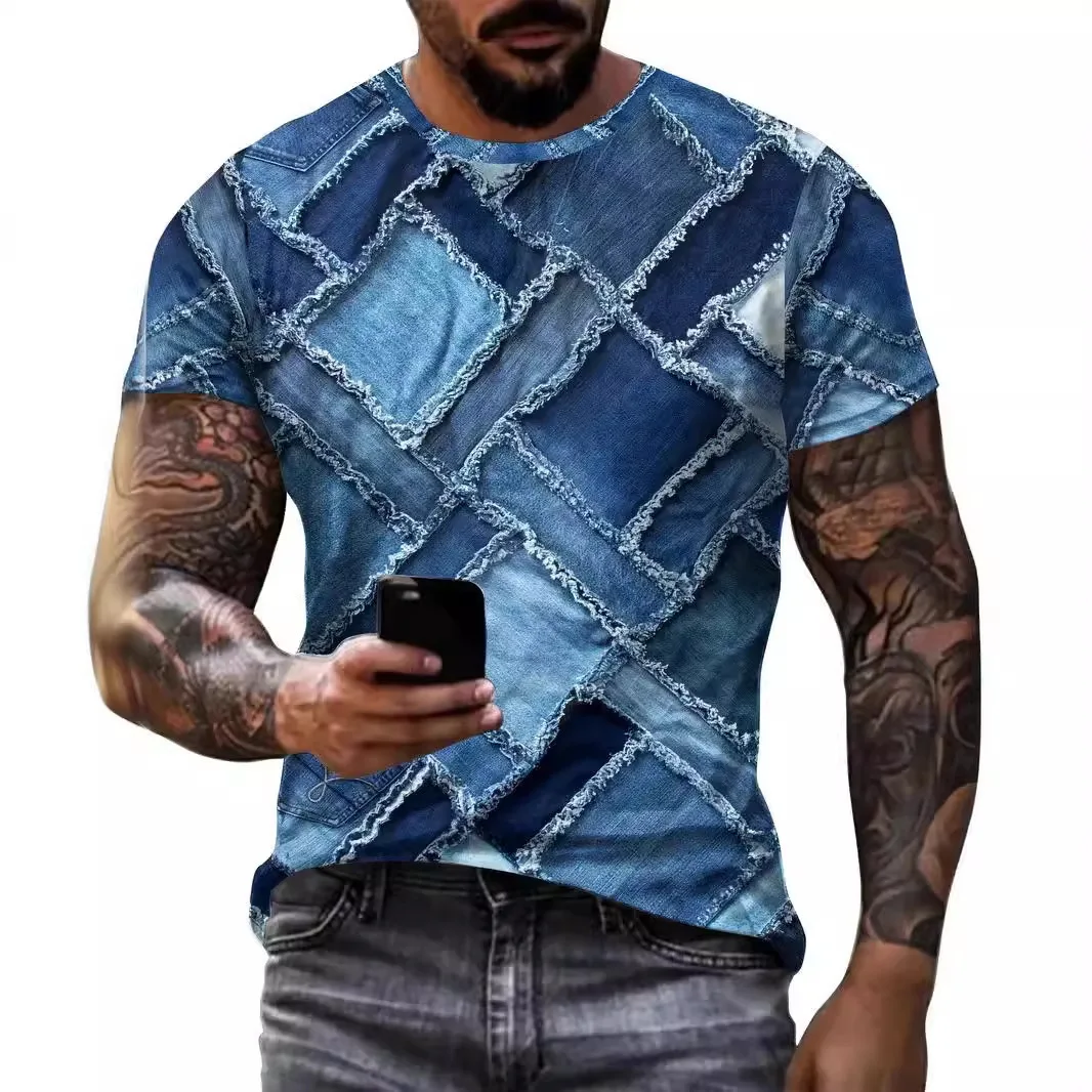 Street hip-hop men's clothing retro patch denim 3D printed T-shirt retro color block short sleeved O-neck casual streetwear tops