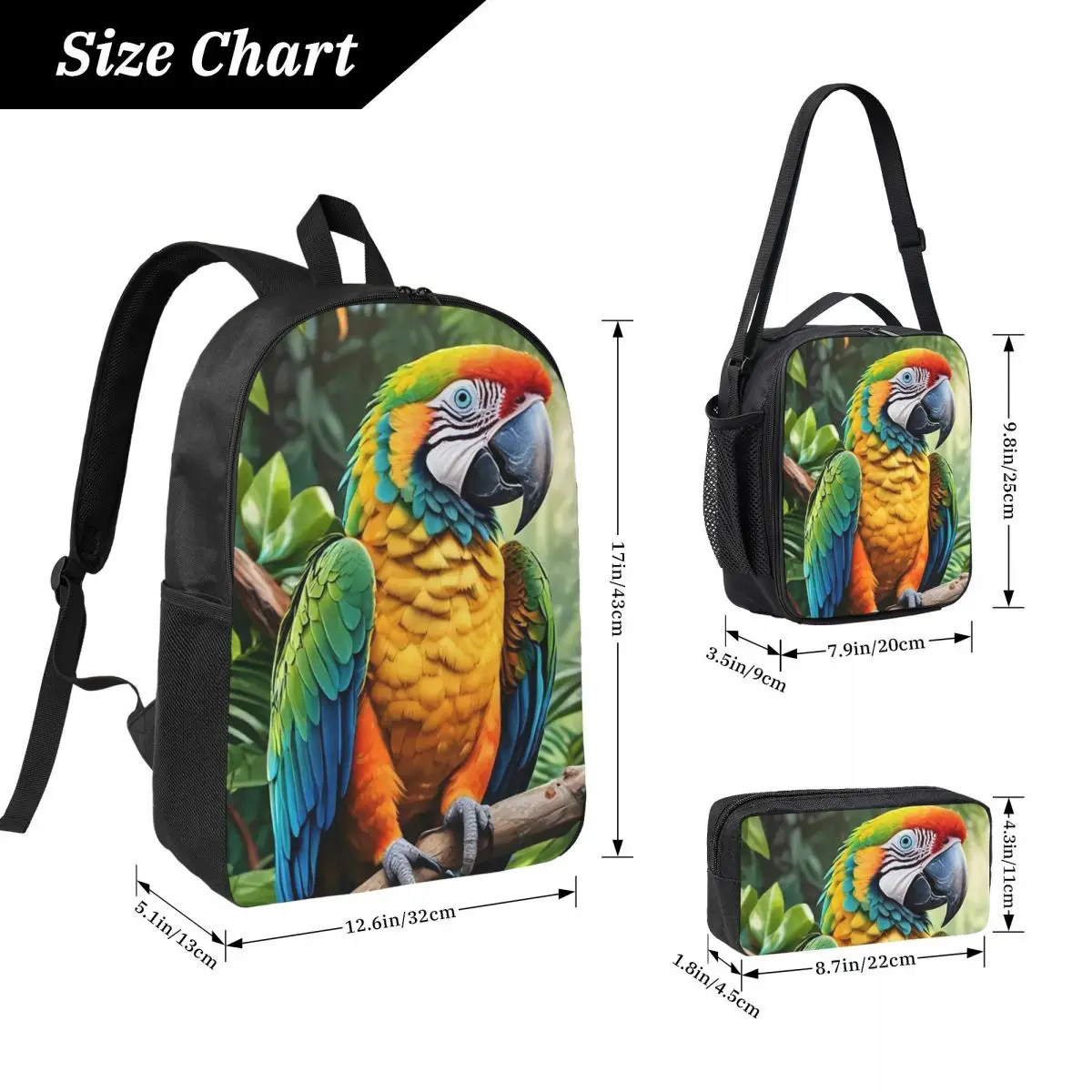 Cute Macaw Parrots Backpack Boys Girls BookBag School Bag Laptop Shoulder Bags 3ps Insulated Lunch Bag Pencil Case