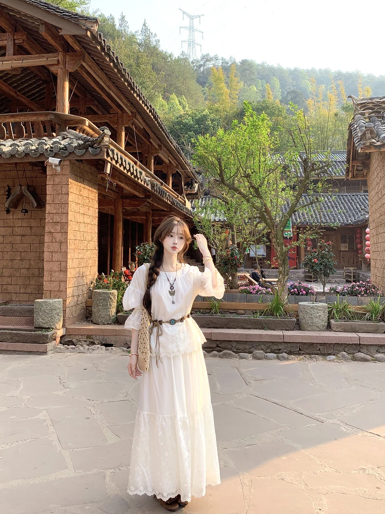 

Комплект Pokemeng Ceng Pear Cloud Learsel: вышитый топ с рукавами-фонариками и юбка, женский модный ансамбль для весны и осени