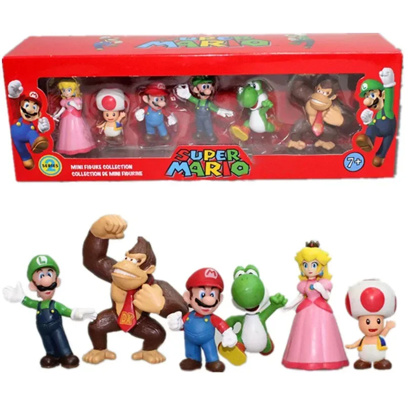 Super Mario Bros PVC figuras de acción de juguete muñecas modelo conjunto Luigi Yoshi Donkey Kong seta para niños cumpleaños juguetes de Navidad regalos