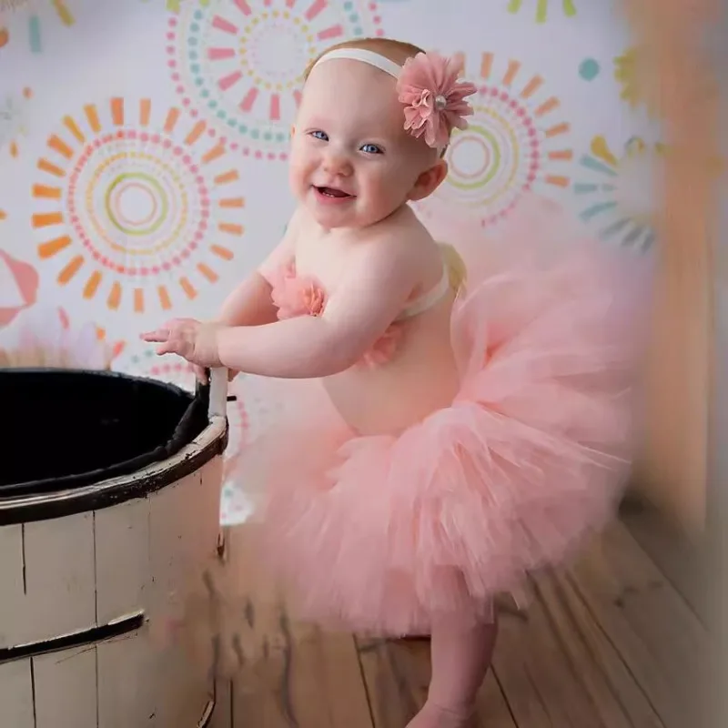 

3 шт./компл., наряды для фотосъемки новорожденных, однотонная повязка на голову с цветком, топ с цветочным принтом и юбка-пачка, милый сладкий стиль, реквизит для фотосессии для маленьких девочек