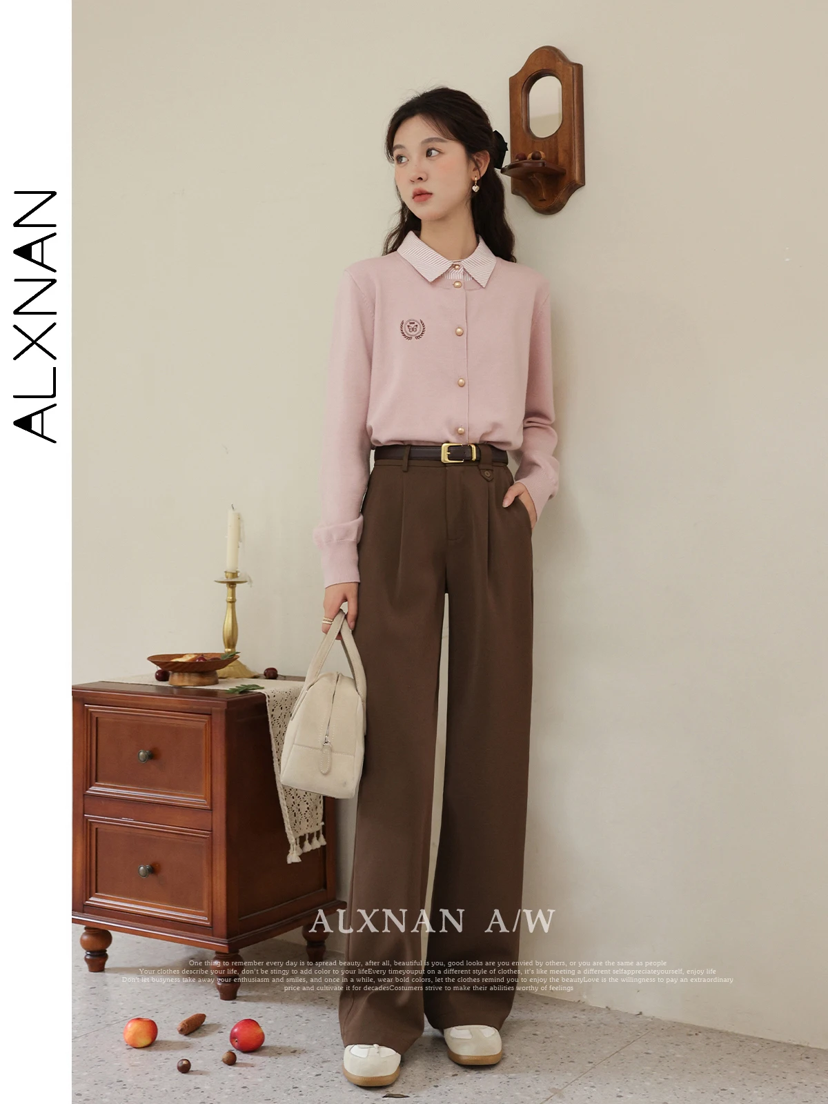 

ALXNAN розовый кардиган с вышивкой в полоску, сращенные металлические пуговицы, искусственные двухсекционные свитера, осенние женские вязаные топы с длинными рукавами LXN31327