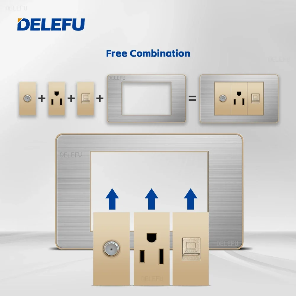 DELEFU Gold function key Stainless steel Gold panel American Standard series 118*74mm wall computer combination socket switch