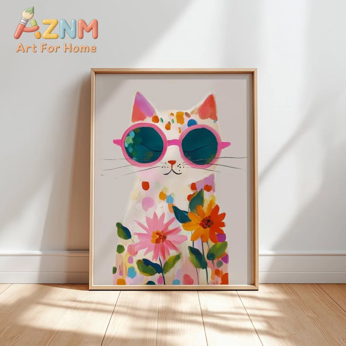 1pc frameless “Colorful Boho Cat Wall Art: Playful Polka Dot Kitten in Pink Sunglasses with Floral Accents – Vibrant Abstract Wa