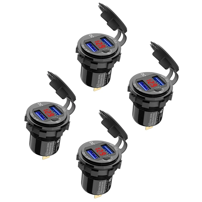 4X Quick Charge 3.0 Dual 12V USB Car Charger, Aluminum Socket With Switch Button And Red Digital Voltmeter, Waterproof