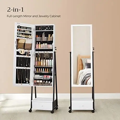 

Jewelry Cabinet Floor Standing, Lockable Jewelry Organizer with High Full-Length Mirror, Bottom Drawer, , Wheels, Jewelry Armoir