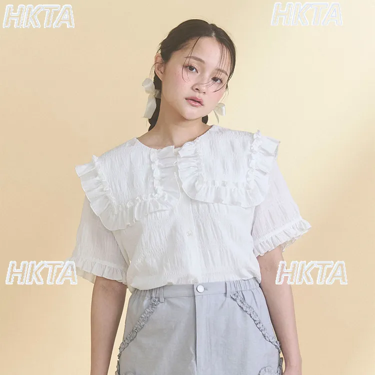 Japanese Sweet Ruffle Pleated Loose Casual Versatile Top Short Sleeved Shirt Girl Autumn New Everyday White Blouses Women Blusas