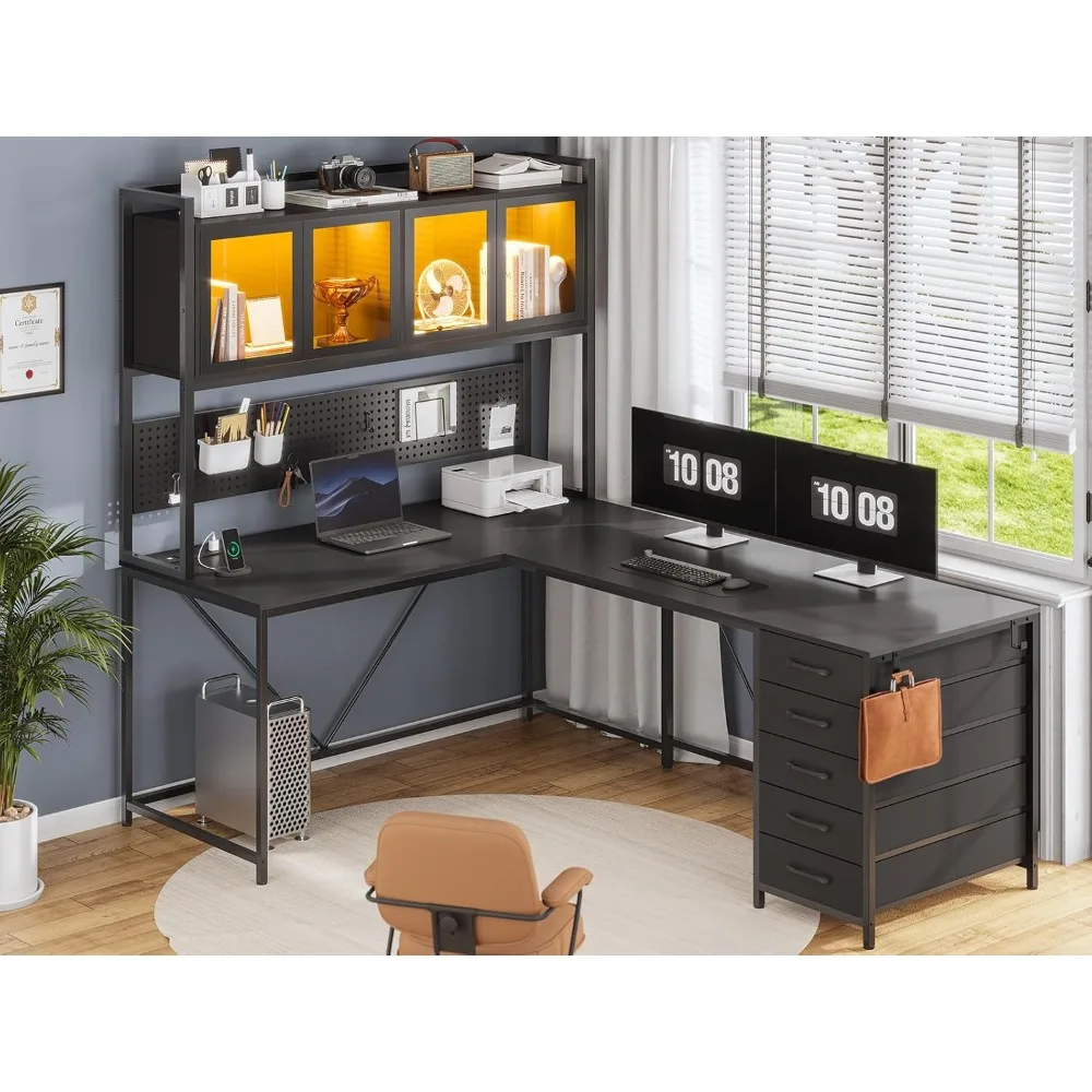 

L Shaped Gaming Desk with Drawers, L Shaped Computer Desk with Hutch and Storage Shelves, Gaming Desk with Pegboard, Led Lights