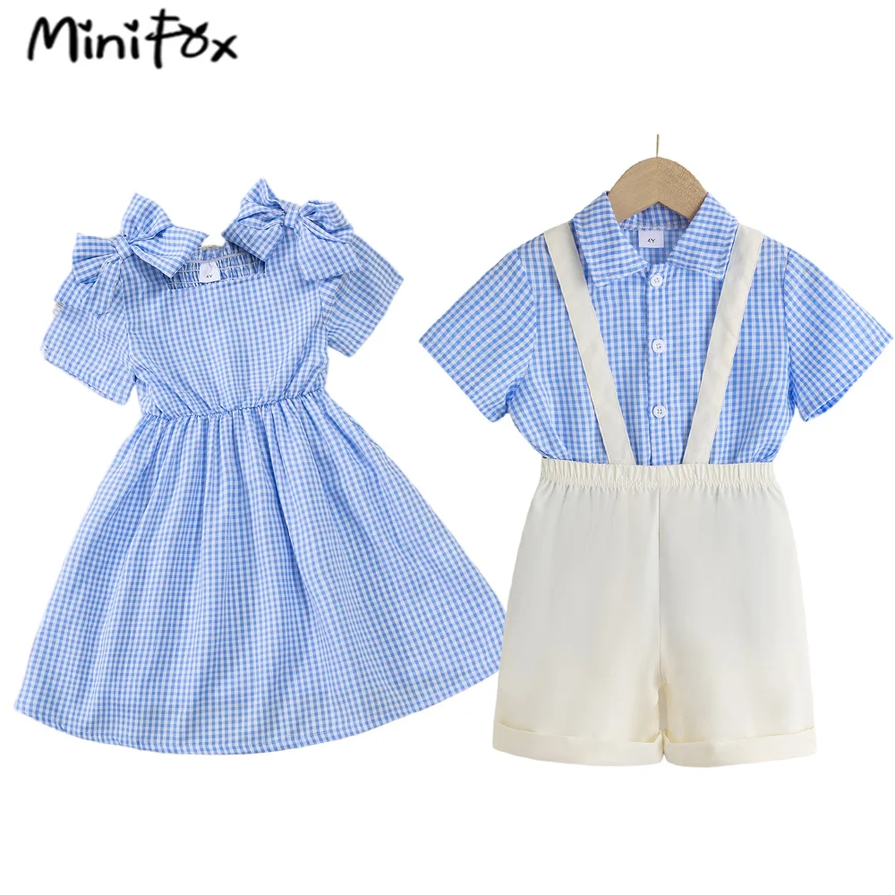 MniFox Sister and Brother Matching Outfits Sholder Bows Blue Plaid girl\'s Dress Boys Shirts outfit set abbigliamento per bambini ragazzi ragazze