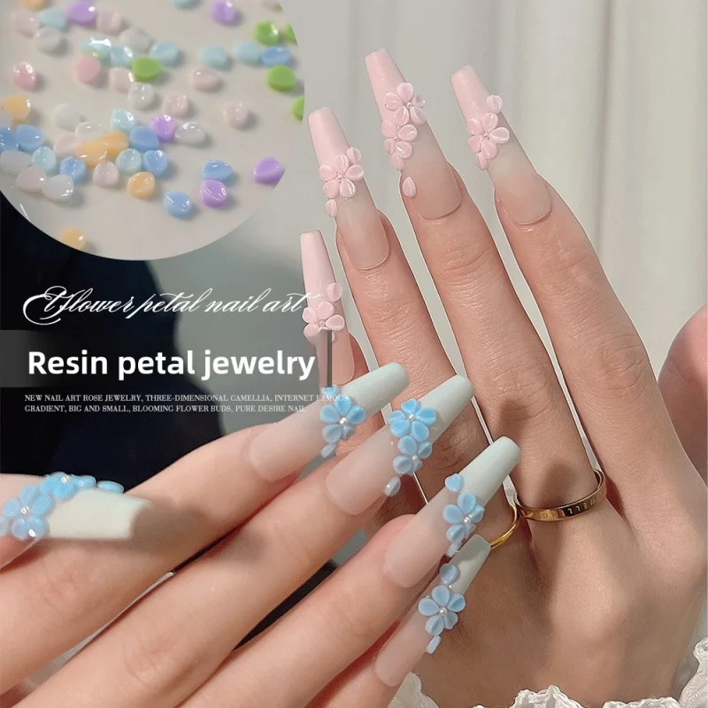 LYLE 100Pcs Charming Spring Flower Petal Nail Charms Macaron Color Crystal 3D Ins Style Flatback Resin Bling DIY Decorations Set