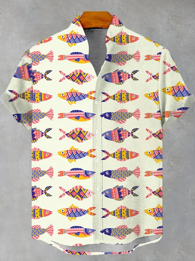 أزياء الرجال عارضة الحياة البحرية الرسومات قصيرة الأكمام قميص زر أسفل التلبيب قمصان المتضخم قمم عارضة قميص هاواي صيفي للرجال #4