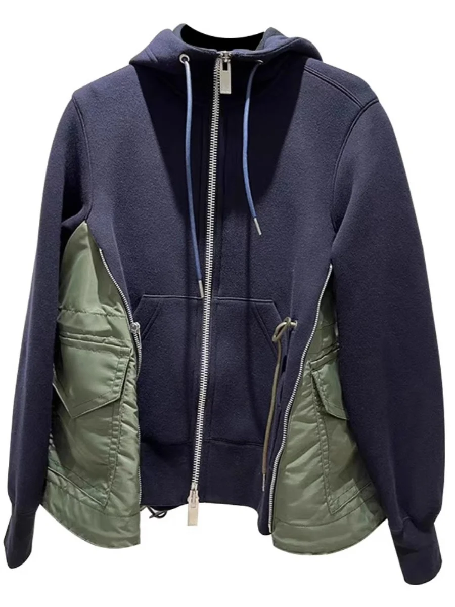 FOG SACAI 2024 Autumn Winter New Design Hooded Jaet Thin Fce Zipper ket Patchwork Sweatirt Women's Casual Wear