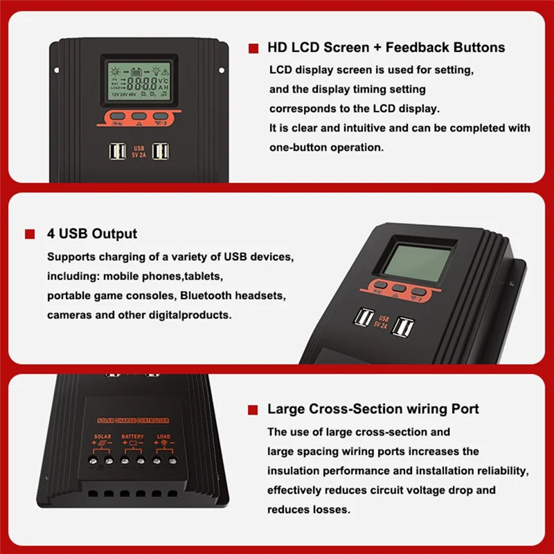 

A60E-MPPT/PWM Solar Charger Controller Solar Panel Regulator LCD Display Various Load Control Modes