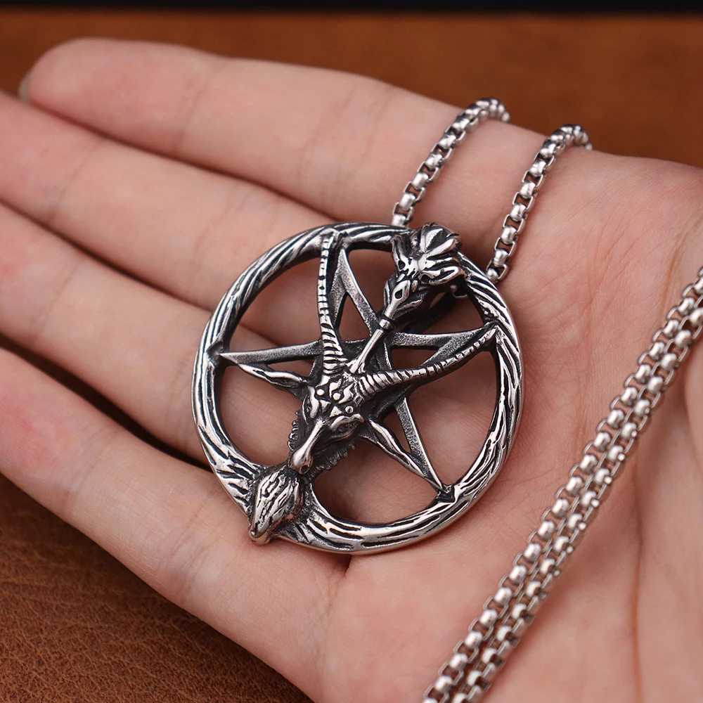 Vintage Men\'s 316L stainless Steel Satan Demon Sheep Head Pendant Gothic Baphomet Inverted Pentagram Goat Head Necklace Jewelry