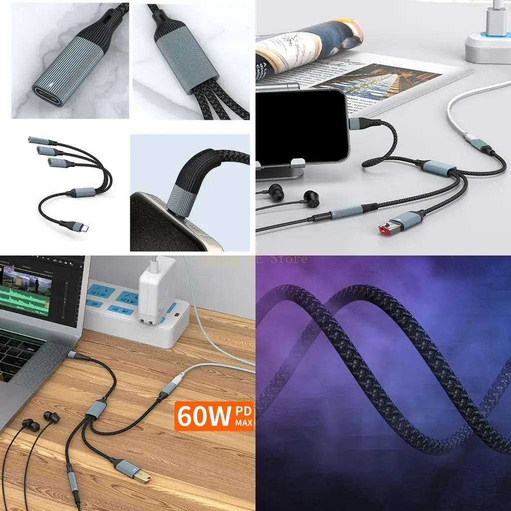 

M5TD USB Type C 3 в 1 Кабель расширения 3,5 мм Звук PD60W Кабель для быстрой зарядки OTG для ноутбуков и планшетов