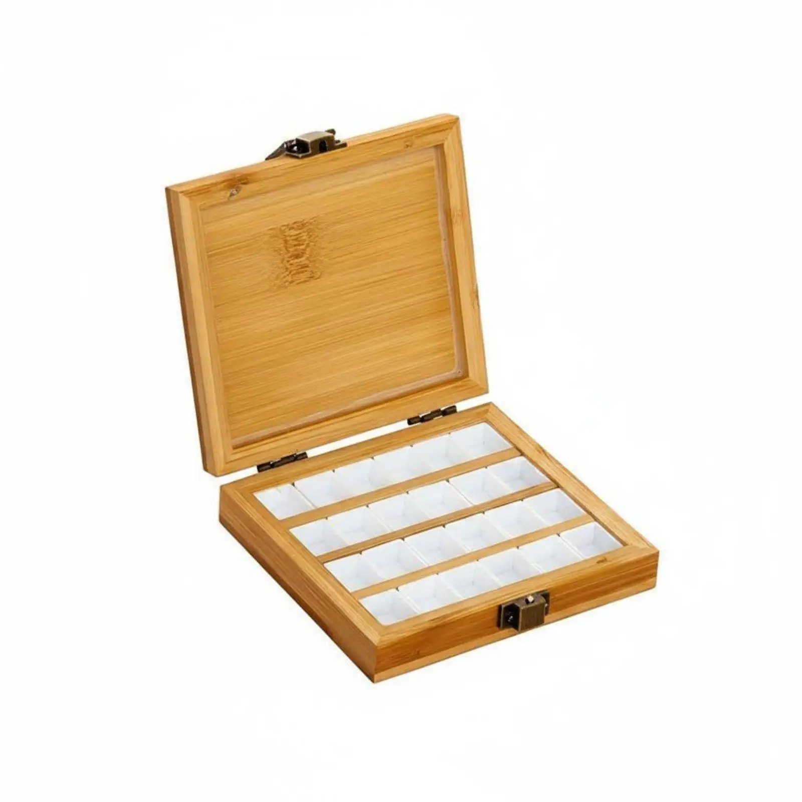 Compartmented Watercolor Box Bamboo Wood Wooden Paint Box Metal Clasp Hinged Wooden Case