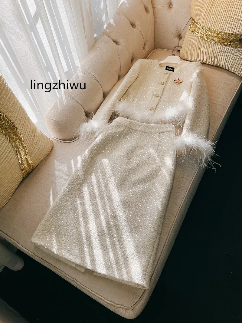 lingzhiwu Skirt Set French Luxury Feathers Patchwork Sequins Tweed Top Skirts Suit Formal Clothes White Twinset New Arrive