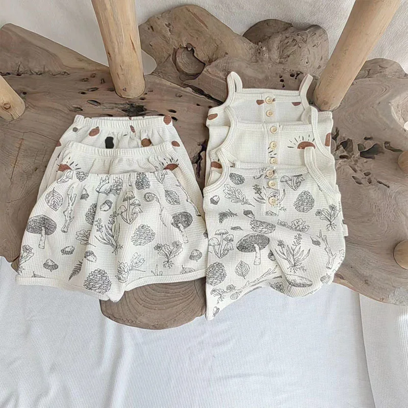 

Baby Clothes Fashion Casual Simple Halter Shorts Two Piece 2024 Summer New Baby Print Cute Comfortable Soft Pajamas Set