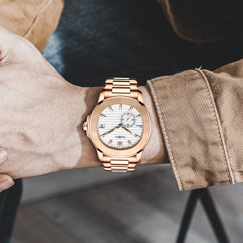 Haofa Micro Rotor Movement Watches for Men Textured Dial Automatic Mechanical Calendar Waterproof Sapphire Mens Wristwatch 2290N