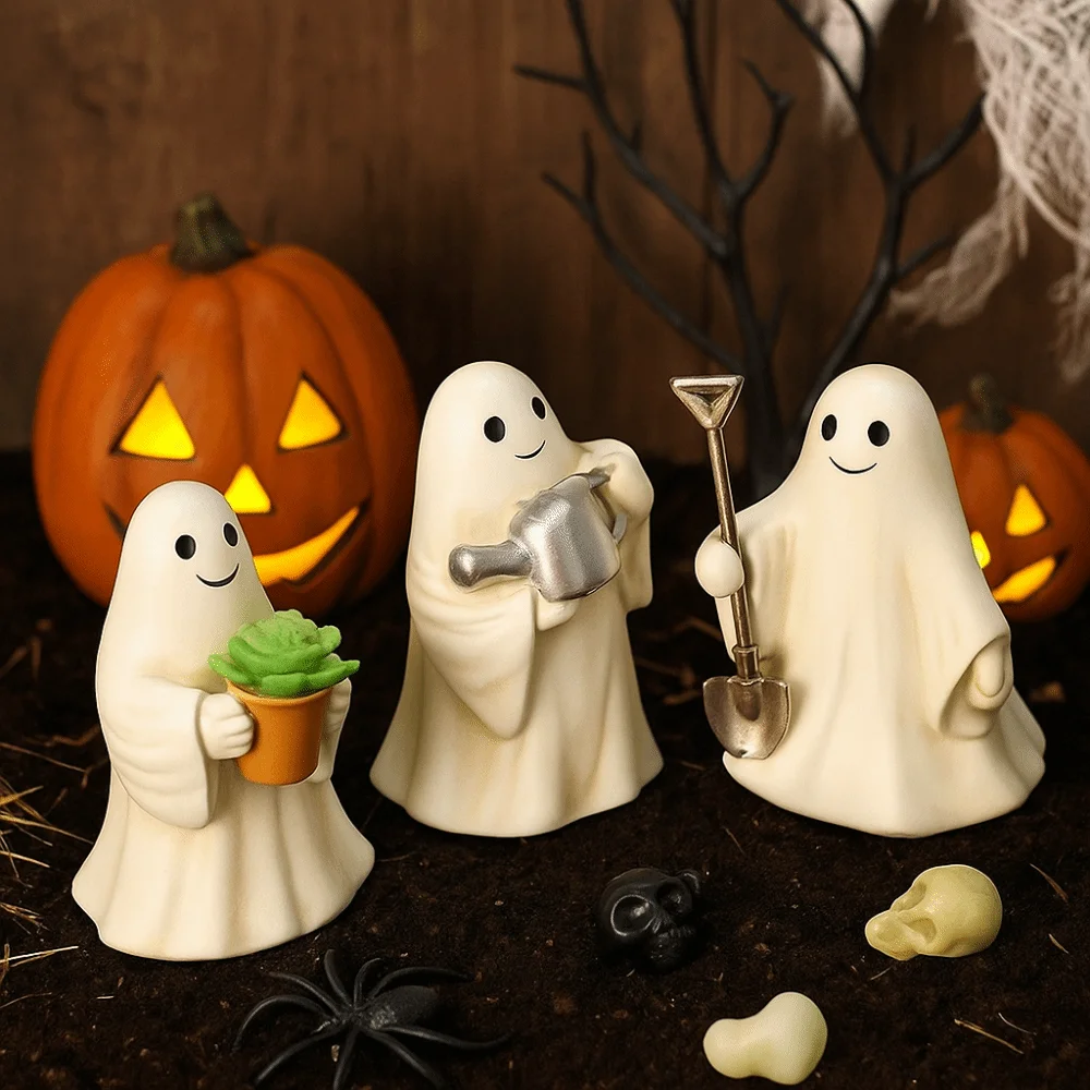 

3pcs Cute Design Ghost Ornaments Resin Material Cartoon Shape Halloween Ghost Figurines Spooky Style Resin Gardening Statue
