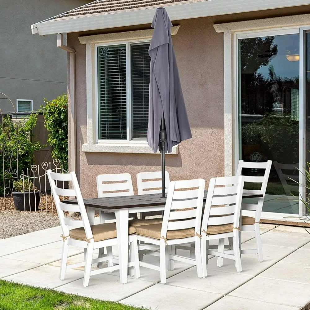 dinning tables sets for 6, Outdoor Furniture Set with a Table & Chairs, Cushions, Umbrella Hole Beige table and chair set