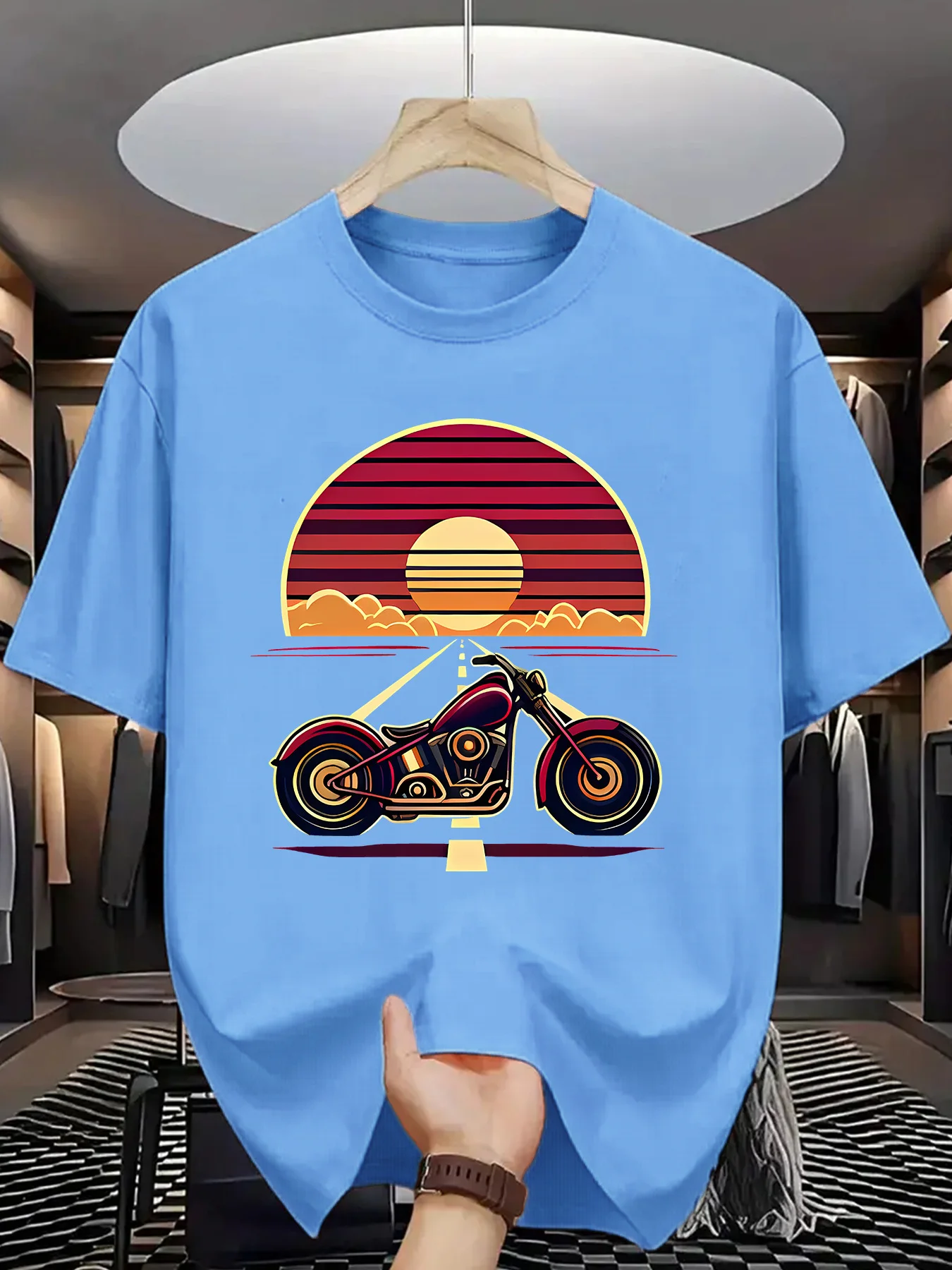 Vintage Biker Print Men Short Sleeve Tshirt Classic Motorbike Sunset Highway O Neck Tee Rider Style Male Street Fashion Tops