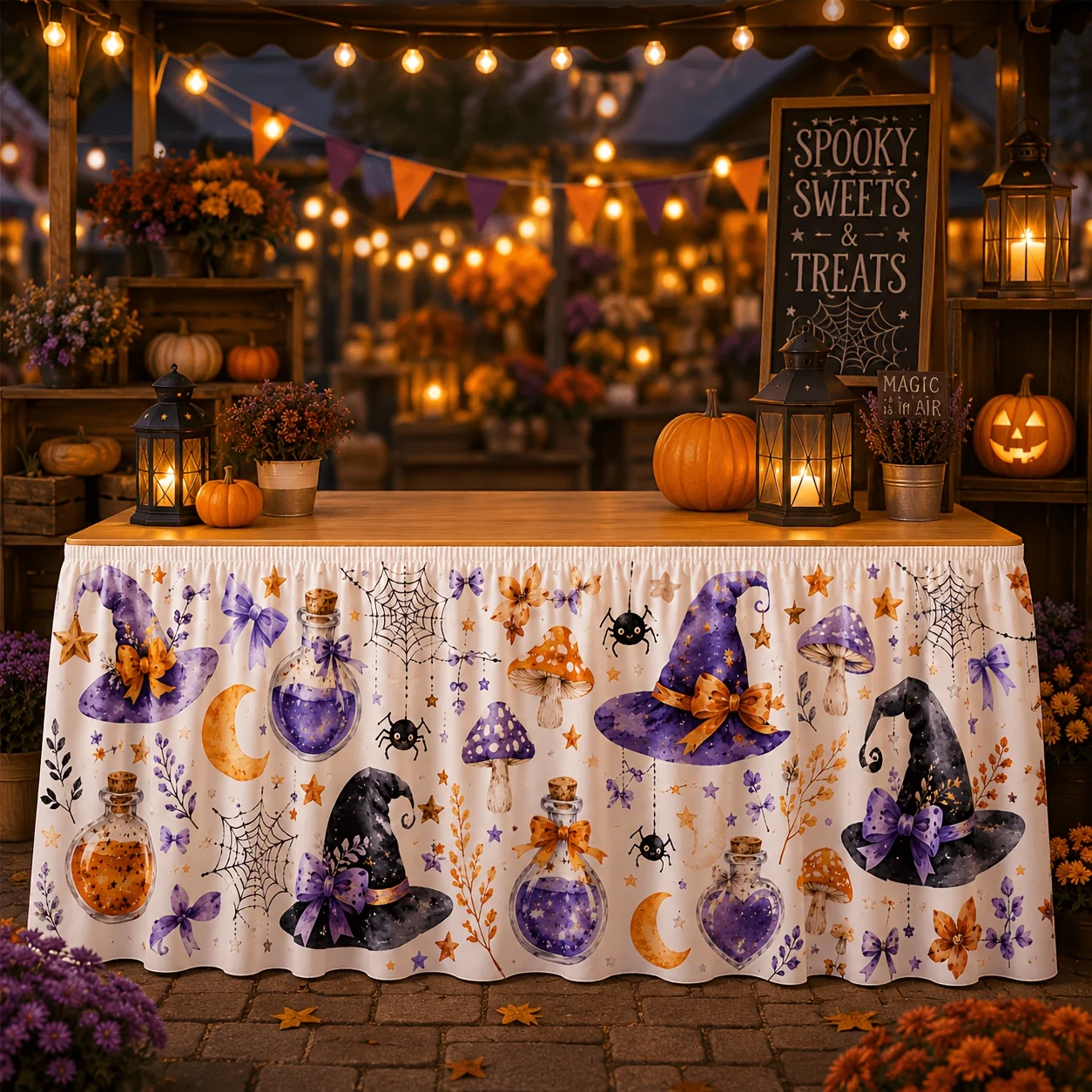 One tablecloth, table skirt, watercolor witch hat, potion bottle, spider mushroom table cover is used for holiday parties.zyc