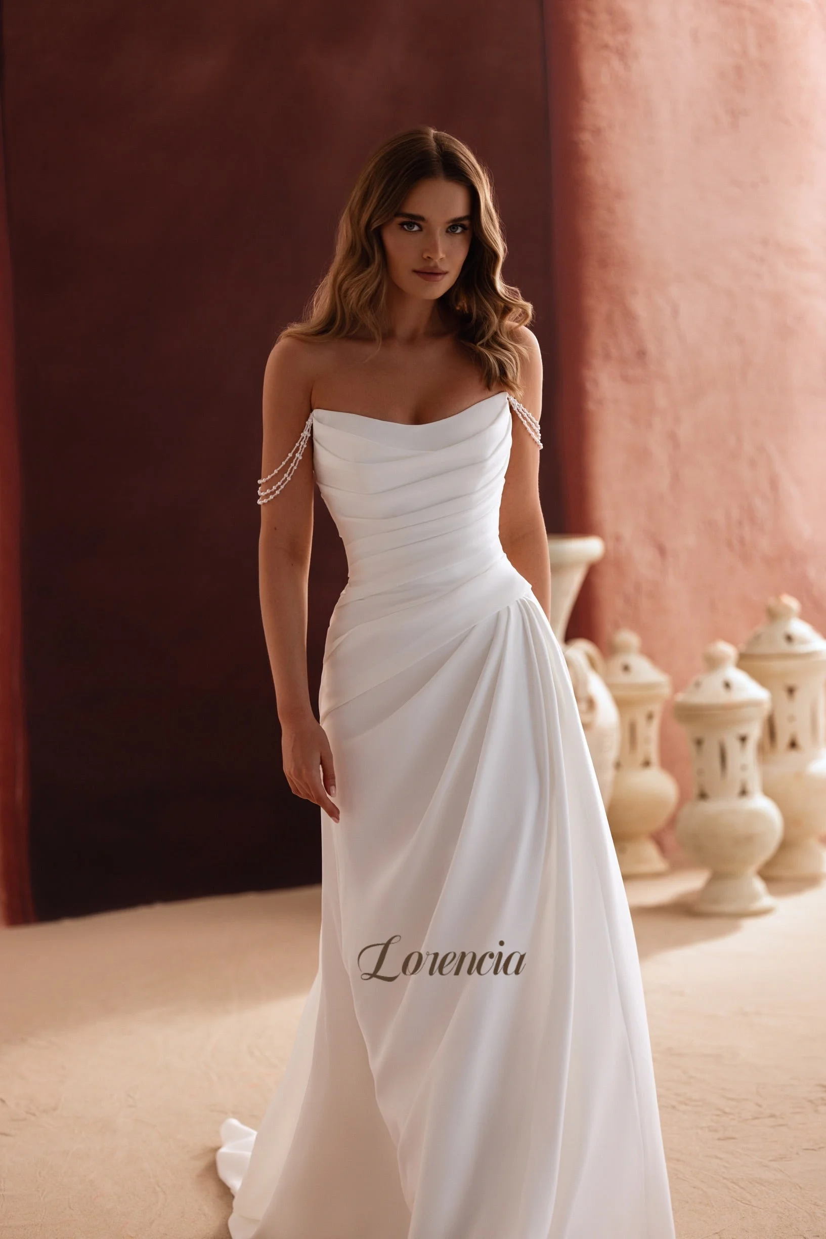 Lorencia Simple Strapless Crepe Fitted Wedding Dresses Off the Shoulder Pearl Straps Soft Satin Bridal Gowns Customized