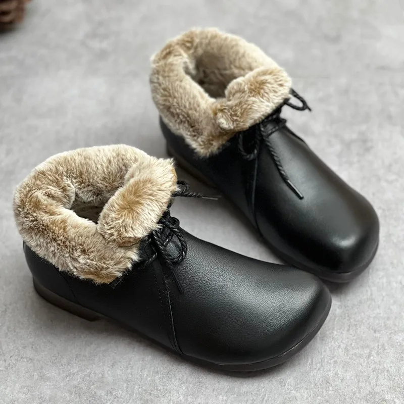 Birkuir, botas de nieve de felpa con cabeza redonda para mujer, con cordones, tacón bajo, botas cortas de plataforma plana de cuero genuino, botines de suela blanda