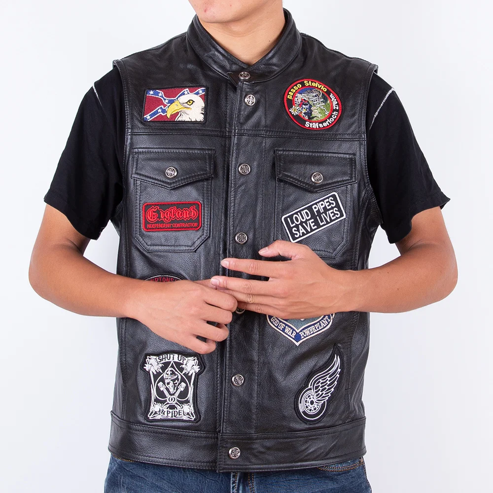 Men's Motorcycle 2023 Leather Vest Top Layer Cowhide Leather Multiple Badges Multi-Short Slim Fit Pikan