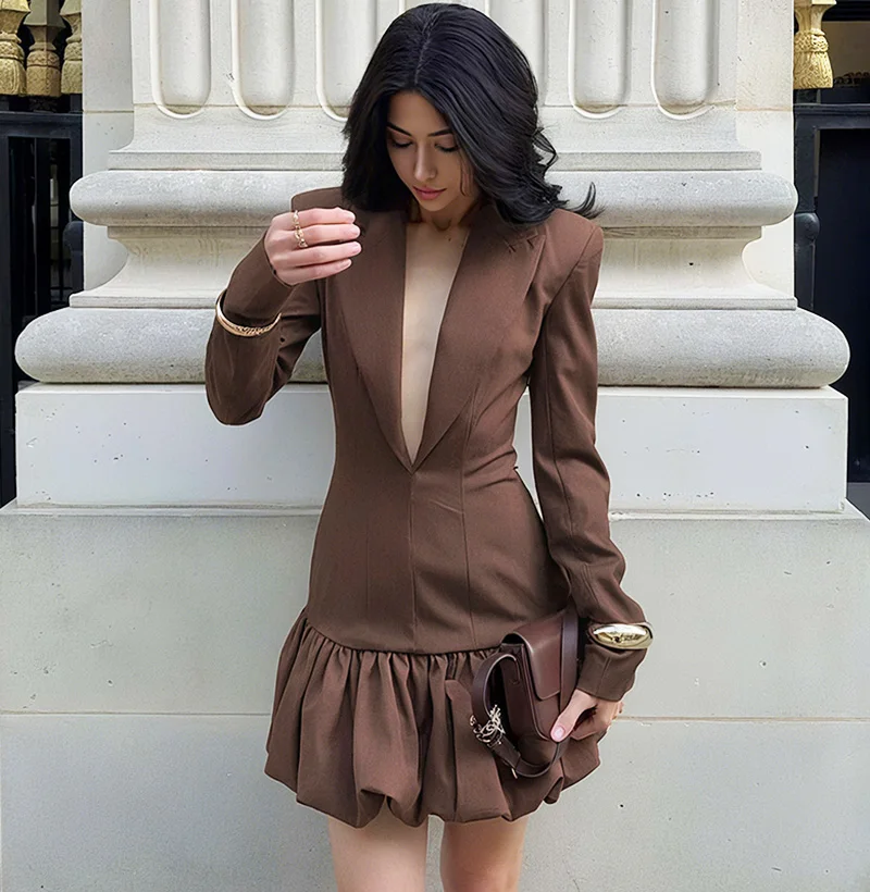 

Ticketsx Autumn Deep V-Neck Long Sleeve Slim Mini Dress Sexy Patchwork Pleated High Waisted Dress New Women High Street Clubwear