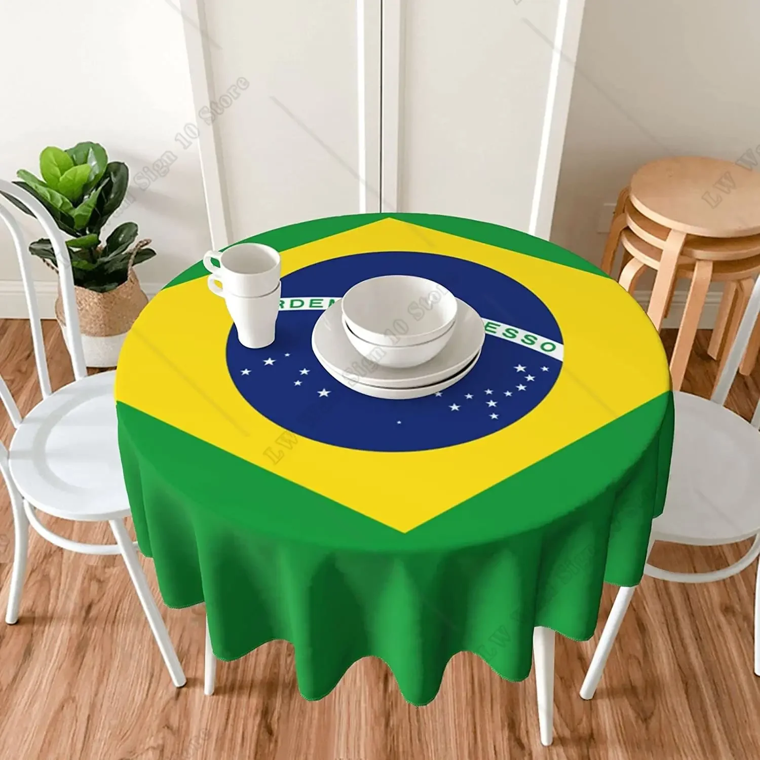 Flag of Brazil Round Tablecloth 60 Inch Washable Polyester Tablecloth Water Resistant Spill Proof Table Cover for Dining Kitchen