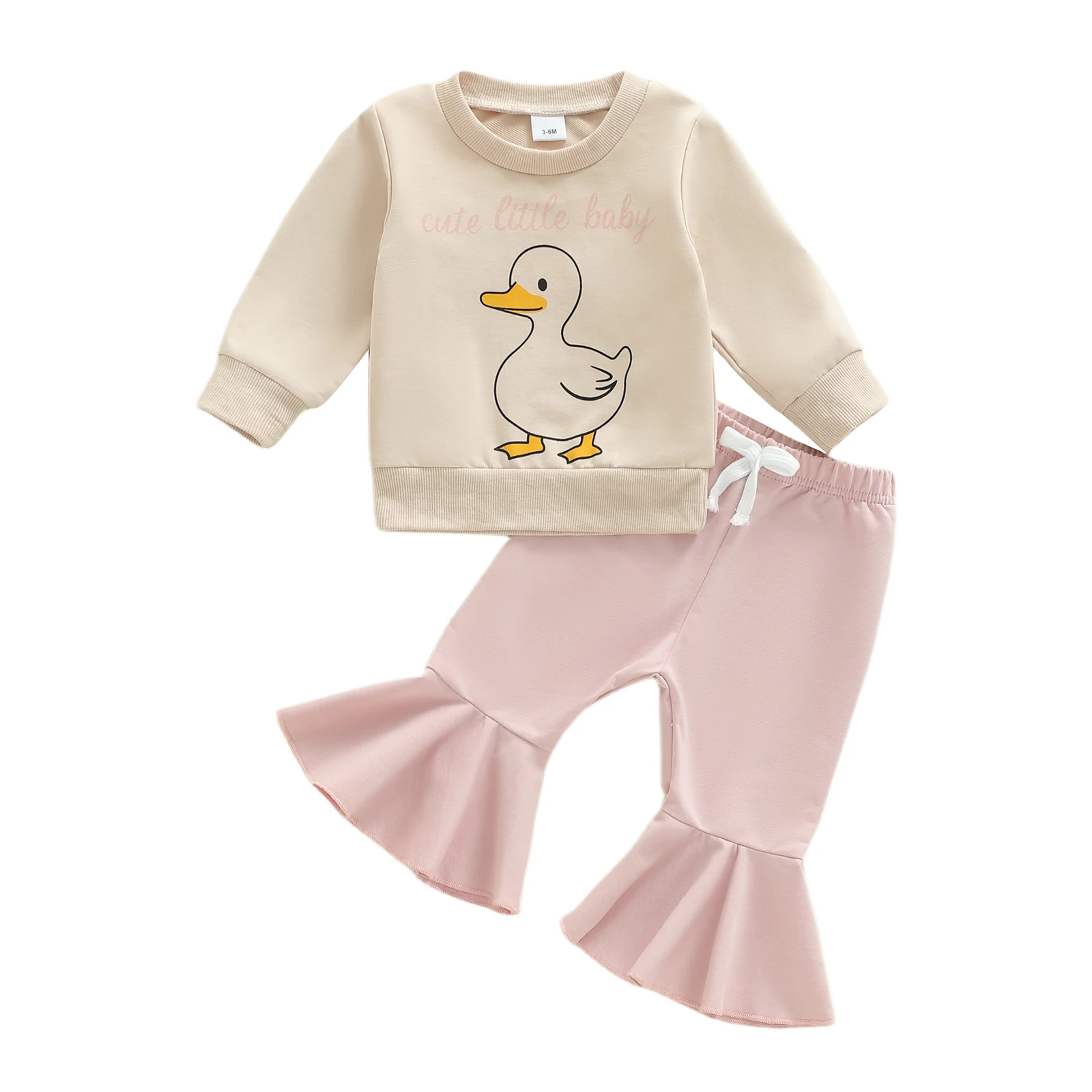

Toddler Baby Girl Fall Outfit Duck Letter Print Long Sleeve Sweatshirt and Solid Flare Pants 2 Piece Set