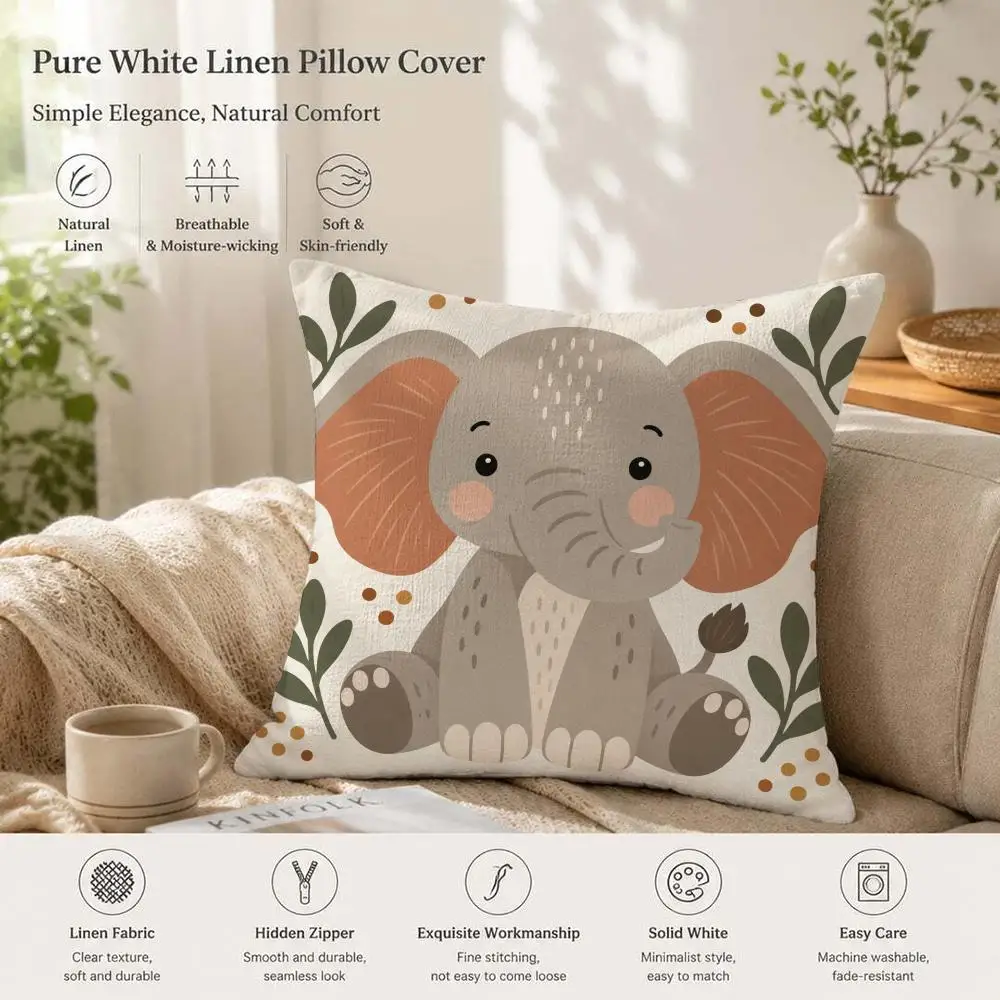 Cartoon Elephant Monkey Hippopotamus Leopard Cushion Cover 1/4PCS Linen Sofa Couch Bedroom Living Room Home Decor Pillow Case