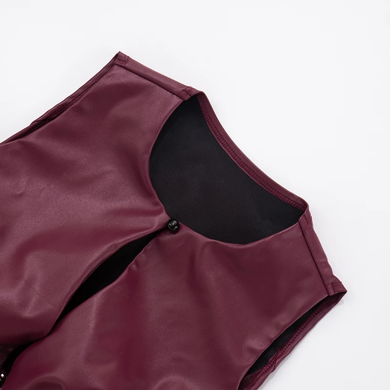 CUTENOVA المرأة بلون مثير فو بولي Leather الجلود الجوف خارج الجولة الرقبة أكمام سستة التعادل الخصر تانك القمم موضة الشارع تانك