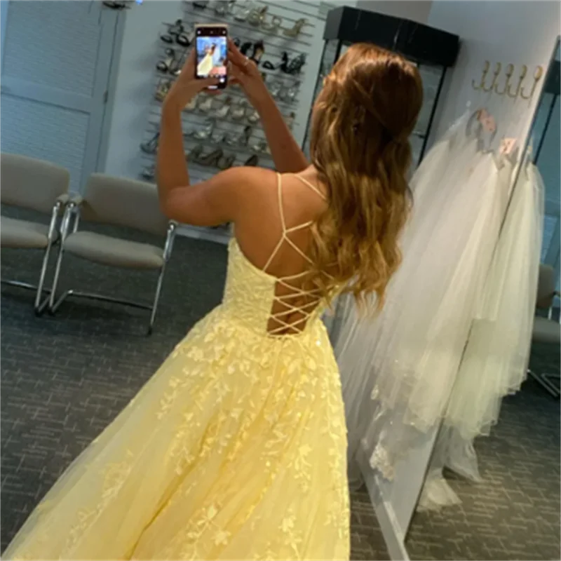 2024 Spaghetti Strap Long Party Dress Yellow Prom Dress A-Line Lace-up Evening Dress Youthful Yellow Prom Dresses